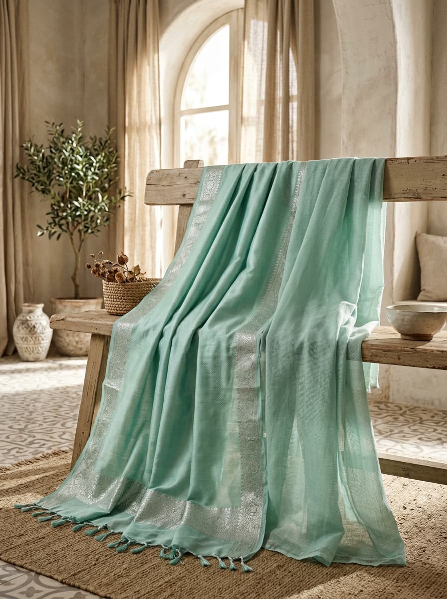 Pastel seafoam glazed jam cotton draped on wooden bench