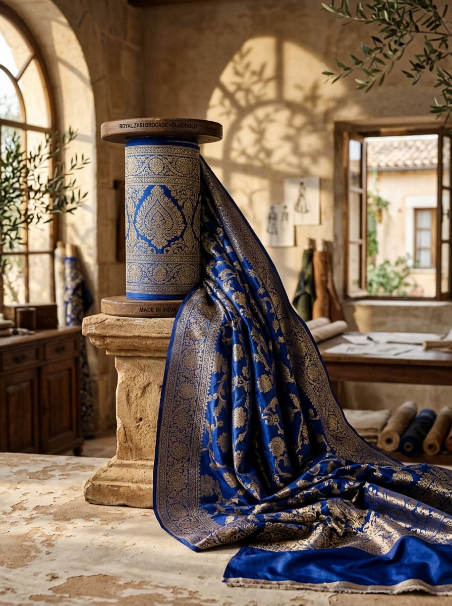 Regal royal blue and gold zari silk taffeta fabric roll