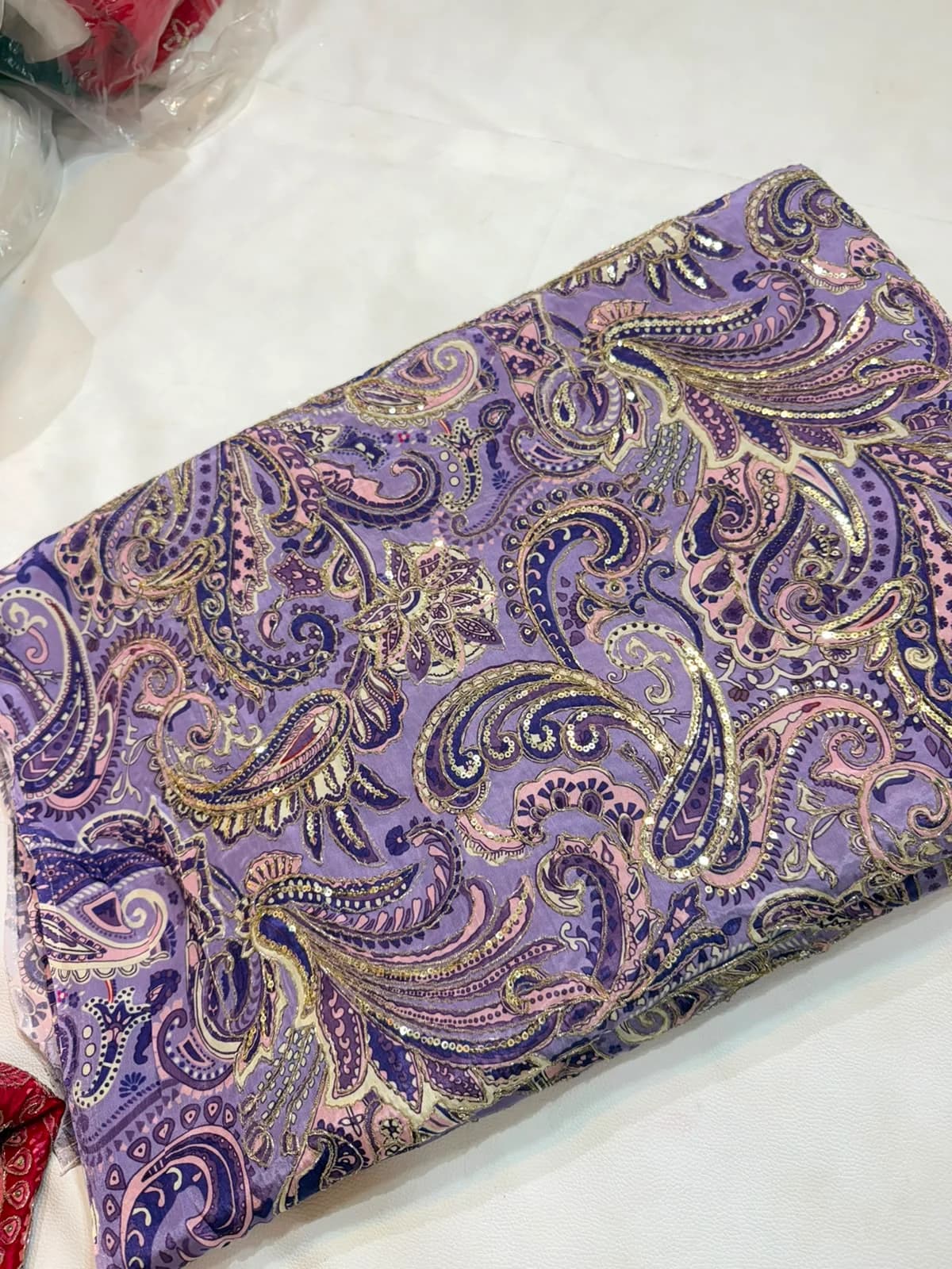 Lavender Paisley Sequin Work Georgette Fabric - Lavender Mist
