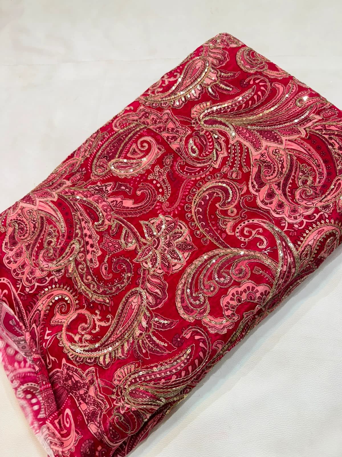 Ruby Red Paisley Sequin Work Silk Fabric - Ruby Red