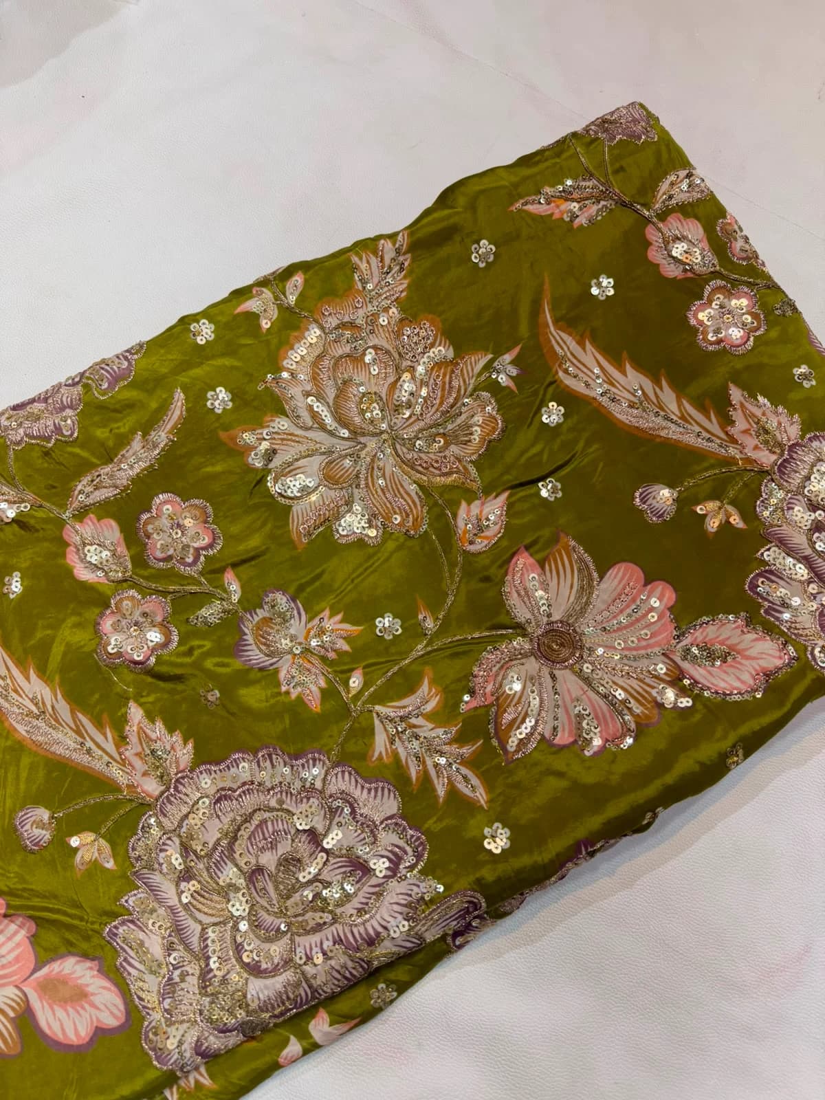 Olive Green Floral Sequin Worked Silk Fabric - Olive Green