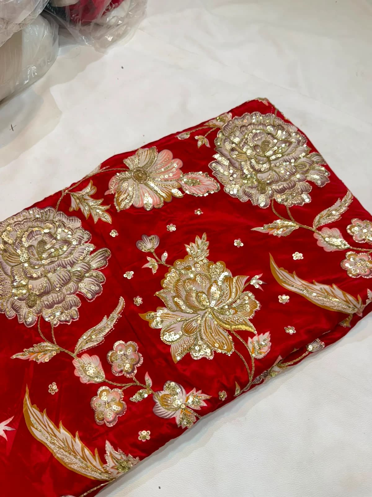 Ruby Red Floral Sequin Embroidered Silk Fabric - Ruby Red
