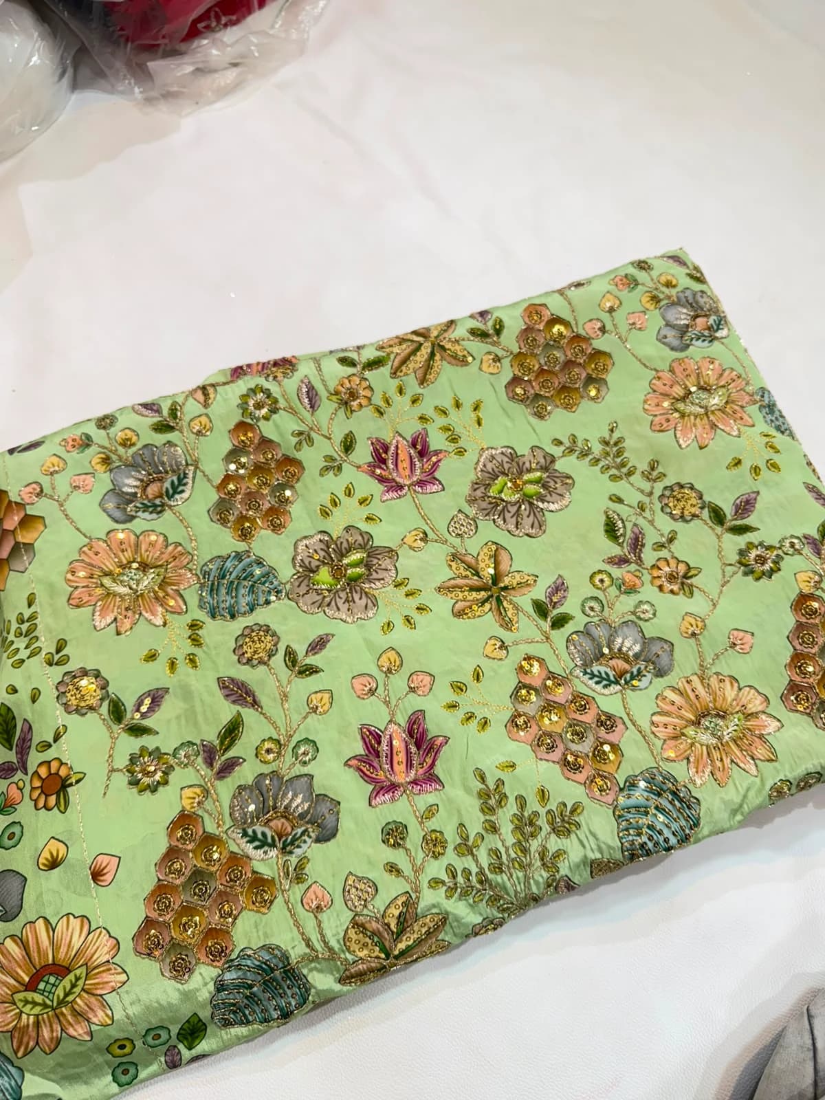 Sage Green Floral Sequin Worked Pure Silk Fabric - Sage Green