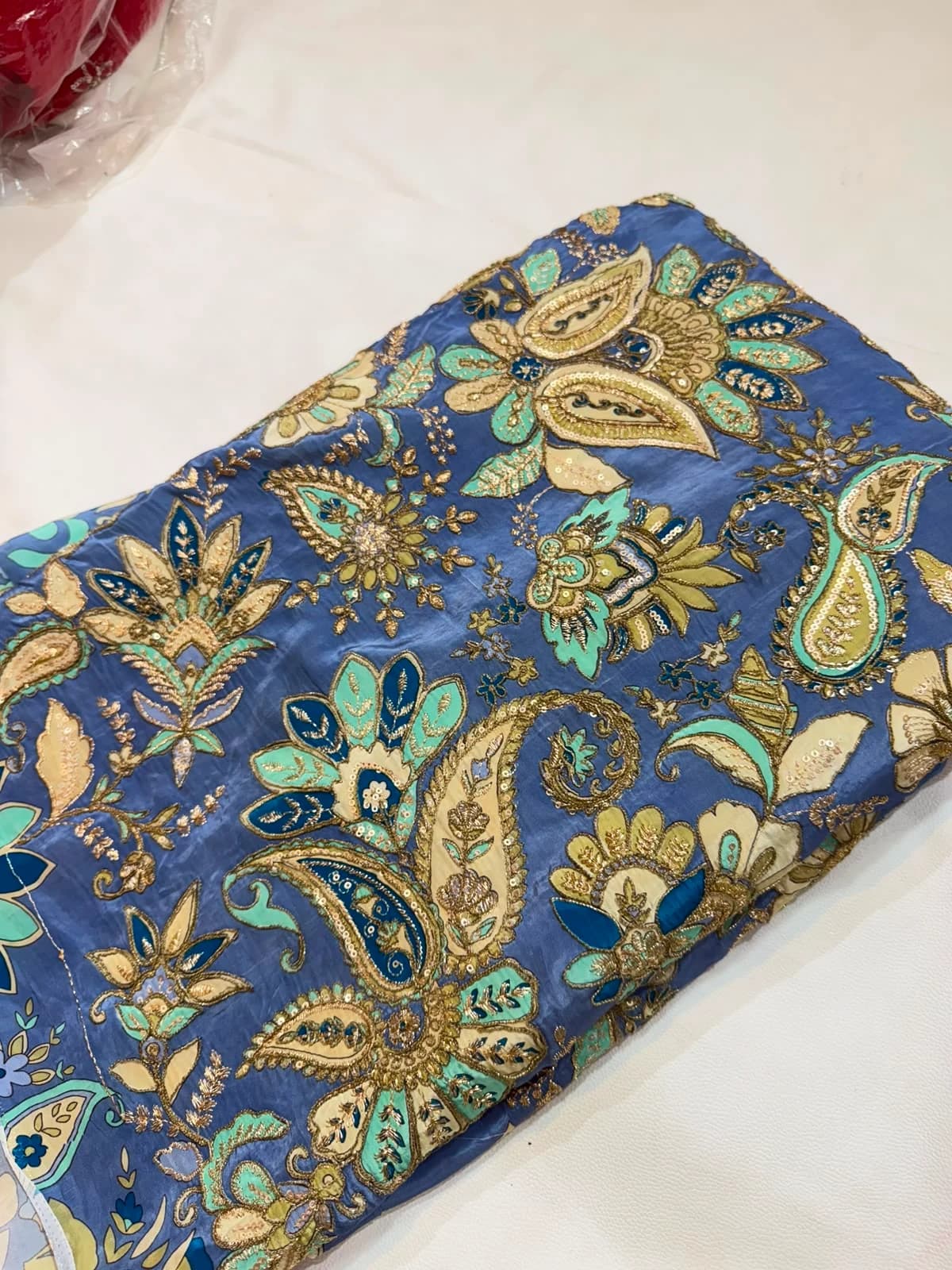 Steel blue Floral Paisley Embroidered Georgette Fabric - Steel Blue